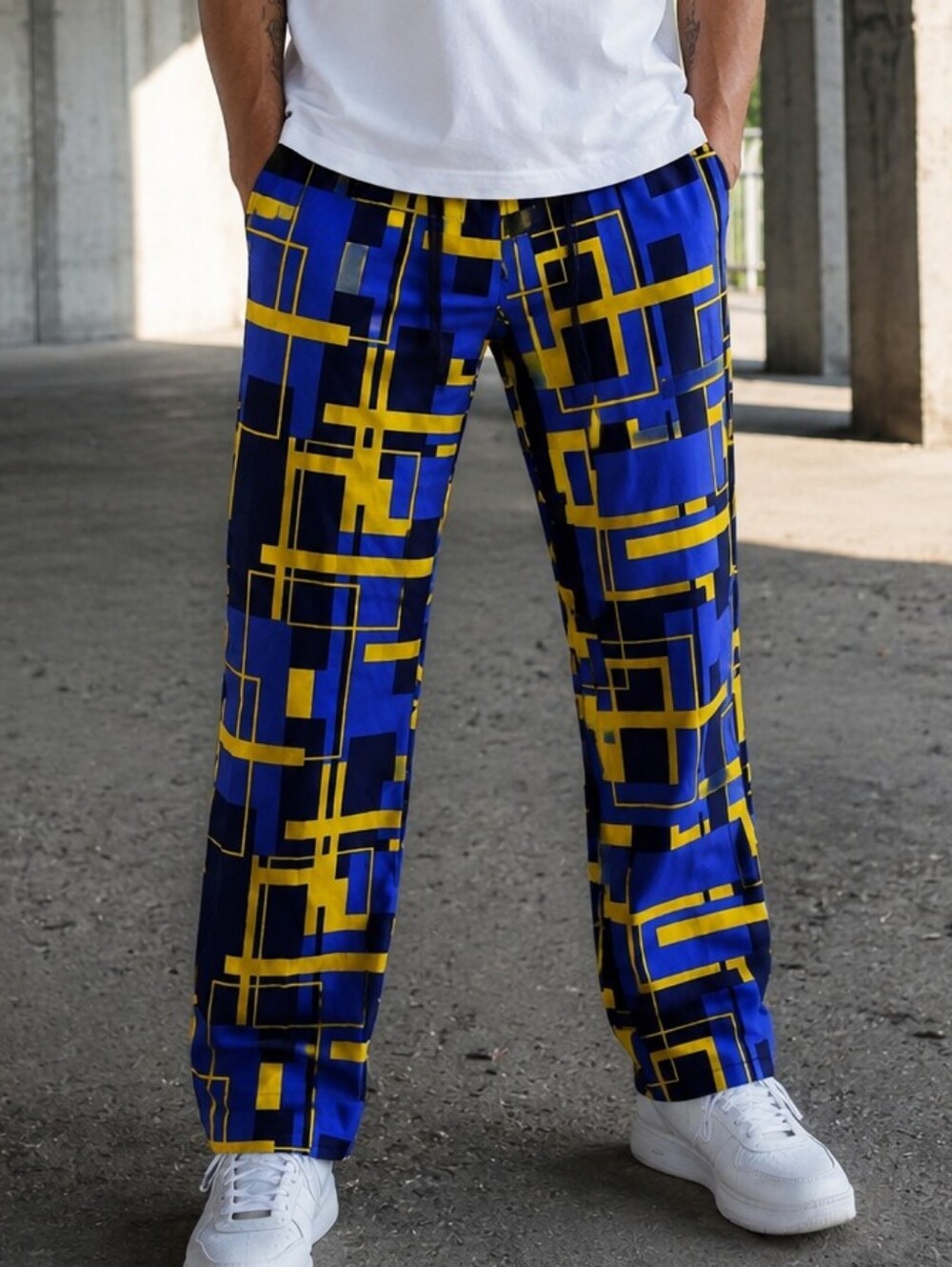 Loudmouth Blue Yellow Geometric Golf Pants Men's 32x32  Polyester Trousers